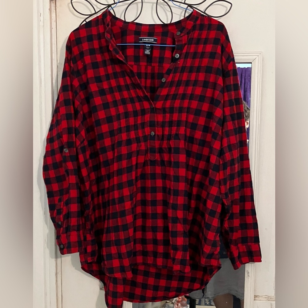 Lands' End Women's Plus Red and Black Plaid Top